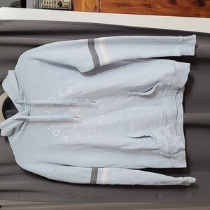 Hollister Womens Juniors Hoodie Sweatshirt Blue W/Gray White Stripes Sz M GUC